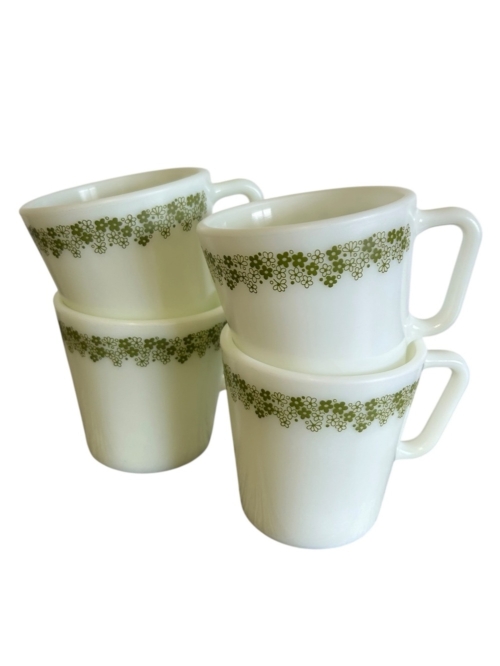 Vintage Pyrex Spring Blossom Green "Crazy Daisy" Milk Glass Mugs - Set of 4